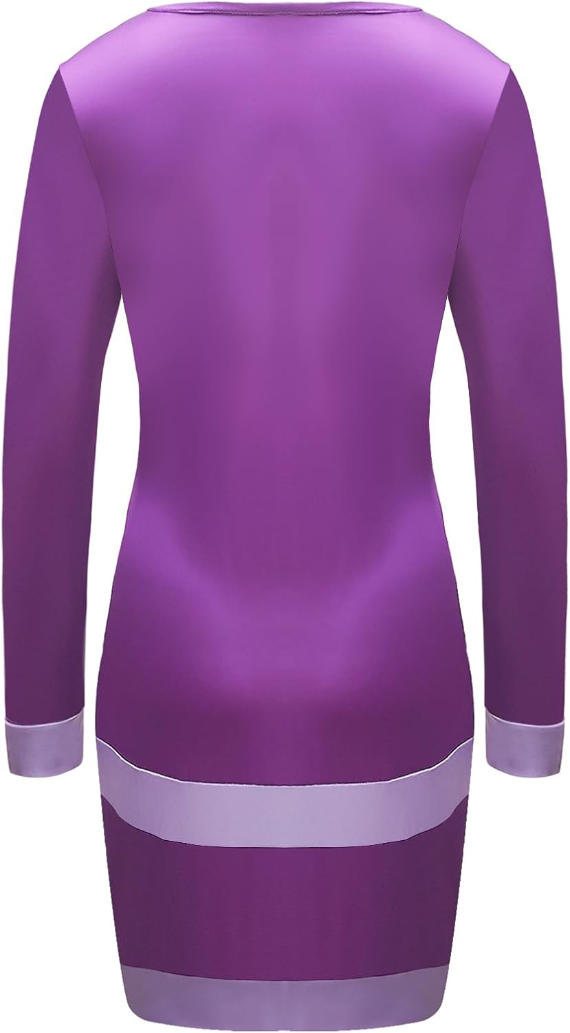 Womens Halloween Costume Purple Dress Cosplay Outfits with Green Scarf and Headband - Image 2
