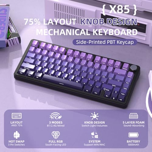 AJAZZ x ATTACK SHARK X85 Gasket Mechanical Keyboard,75% Wireless Gaming Keyboard with Knob,5-Layer Padding,PBT Side-Printed Keycap,BT5.1/2.4Ghz/USB-C Wired,Hot-Swap Linear Switch,RGB,NKRO,for PC,MAC