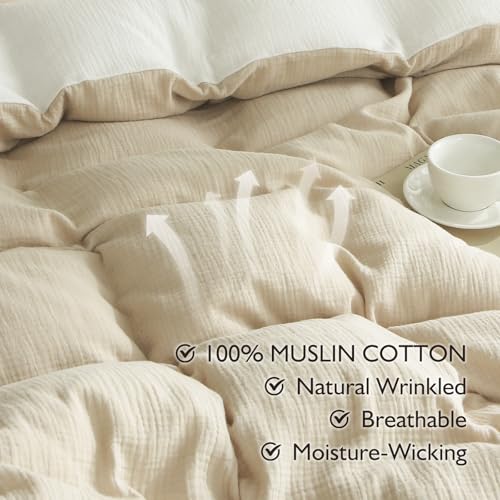 Image of EMME Cotton Muslin Duvet Cover Set King Size Linen Like Soft Breathable Lightweight Summer Comforter Cover Set with Zipper Closure (Light Tan&White, King, 104 inchx90 inch)