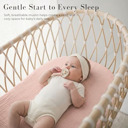 Image of MairMore 3 Pack Muslin Bassinet Sheets for Babies, Soft & Breathable 100% Cotton Fitted Sheets for Oval, Rectangle, Hourglass Bassinet Mattress Pads (Pink Blossom)