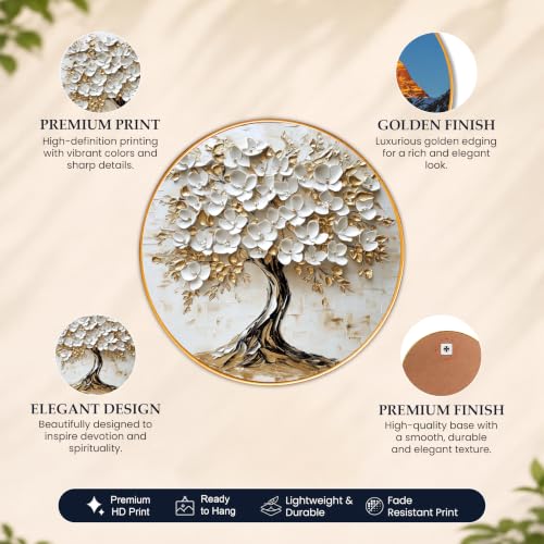 Image of PAINTINGMANTRA Tree of Life Wall Art Painting for Living Room, Floral White Flowers Painting with Round Frame for Home Bedroom and Office, 23 Inch