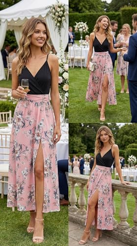 Image of Newshows Women's 2026 Lightweight Summer Wedding Guest Beach Vacation Casual V Neck Split Flowy Maxi Dress