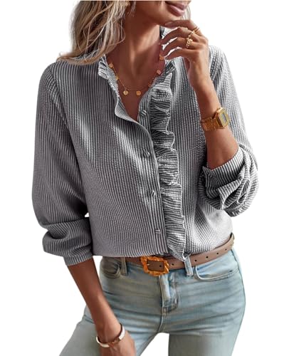 ebossy Women's Ruffled Solid Stripes Babydoll Blouse Button Down Formal Business Shirt Top