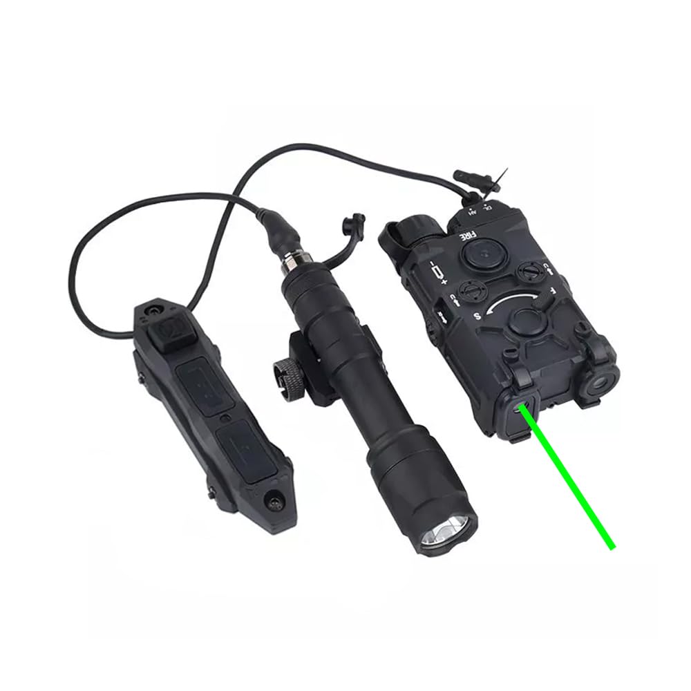 Nylon 0G Box Aiming Laser Sights(with IR + Red/Green/Blue Laser + White Flashlight),& M600C Strong LED Flashlight,& Modular Dual Wire Remote Pressure Switch(SF+Crane Plug) Combo,Black (Green Laser)