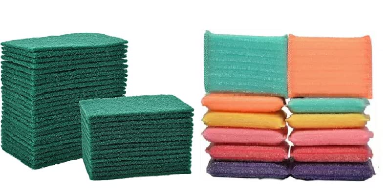 DOMUM 10pc Green Scrub for Easy Shine Dish Wash, Utensil Scrubber, and 12pc Soft Scrub for Scratch Proof Kitchen Utensil Cleaning (Multicolor) - Combo Pack.