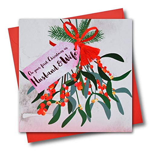 Claire Giles Greeting Cards, Happy Christmas Card, 1st Christmas as Husband and Wife, Mistletoe design xmas Greeting Card, Embellished with a Colourful Tassel