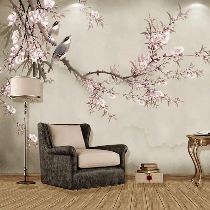 Papier peint fleurs chinoises oiseaux 3D rose | Solution déco pour dynamiser un mur de salon