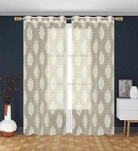 Image of Fabrilia Heavy Polyester Net Semi Transparent Fancy Grommet Curtains, Floral Design, Cream, Window- 5 Feet, Pack Of 2 Pcs | Semi-sheer