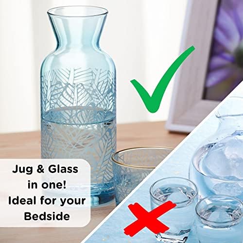 Bedside Water Carafe and Glass Set 700ml  Water Jug and Glasses Set for Bedroom - Night Stand Glass Carafe with Cup - Fabulous All in One Hydration Experience - Sea Blue Design