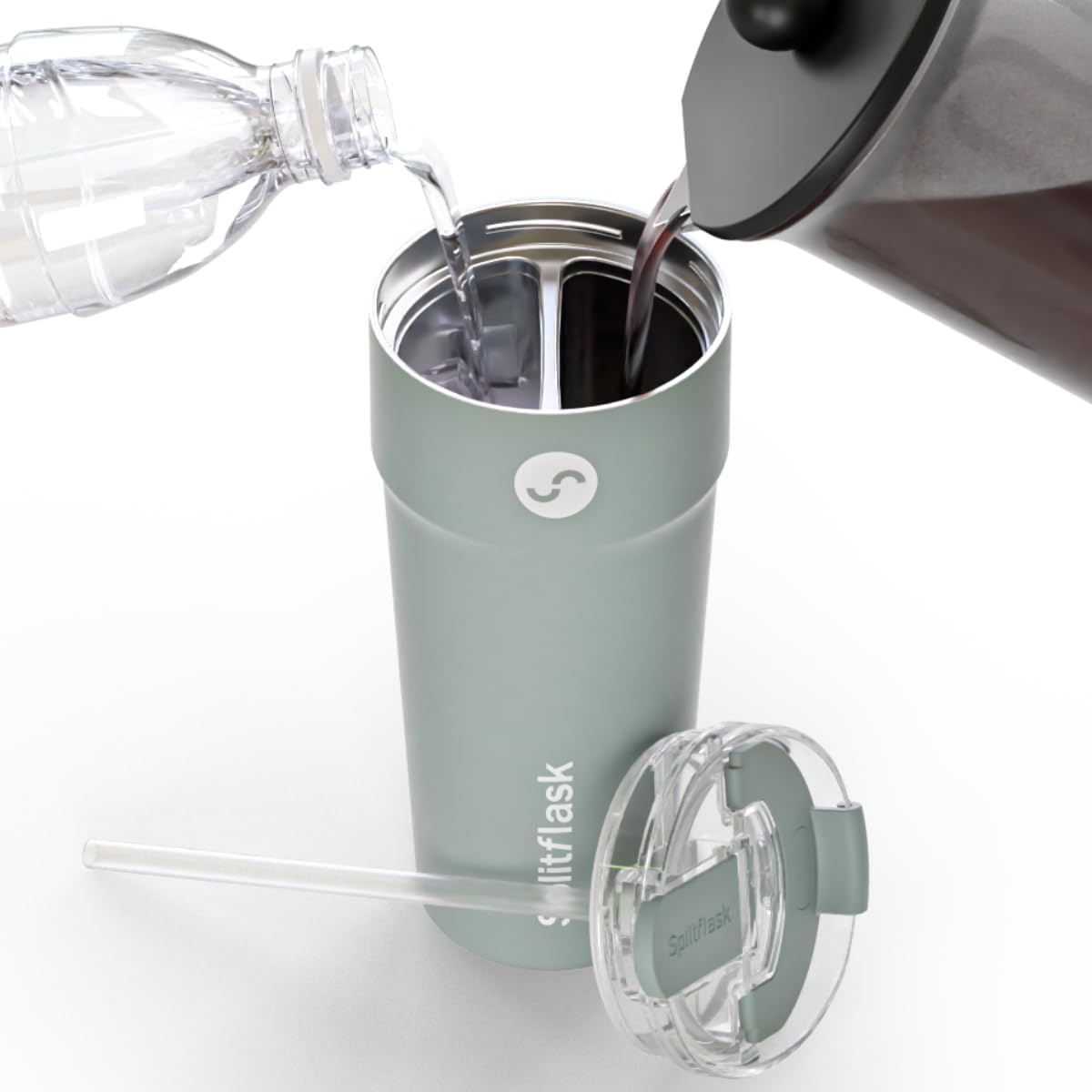 Kubek próżniowy 2 w 1 z izolacją próżniową 850 ml, podwójna komora ze stali nierdzewnej, szczelna, bez BPA, uchwyt na kubek, podróżny kubek do kawy, podzielony kubek, 2 napoje, 2 strony, butelka na