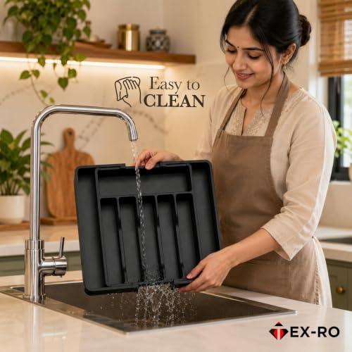 Image of TEX-RO Expandable Cutlery Tray for Kitchen Drawer | Adjustable Utensil Organizer with Multiple Compartments | Plastic Spoon, Fork & Knife Storage for Modular Kitchen