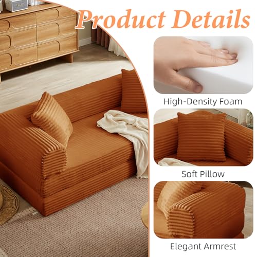 Image of Convertible Futon Sofa Bed, Fold Out Floor Sofa Couch with Sleeper Sofa,Folding Boneless Couches with Deep Seat,Cloud Corduroy Foldable Mattress Couch for Living Room (Orange)