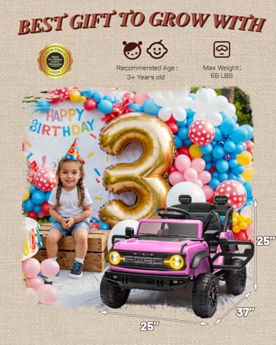 Image of First Ride On 12V Electric Ride on Toys for Toddler, Ford Bronco Raptor Kids Ride on Car with Remote Control, 12 Volt Battery Powered Cars for Children with Smooth Start, Bluetooth (12V, Pink)