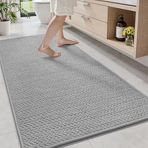 AMOAMI Thin Bath Mat, Super Absorbent Bath Mats for Bathroom, Quick Dry Rubber Backed Bath Rug Non Slip, Chenille Surface Thin Bathroom Rugs Fit Under Door,Low Pile Shower Rug,Light Grey,24"