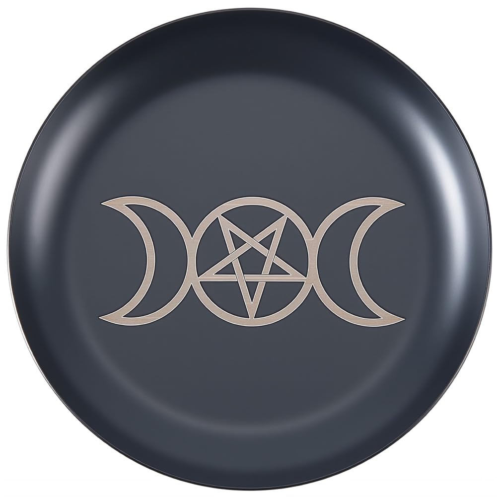 CREATCABIN Pentagram Altar Ritual Plate Dish Stainless Steel Flat Bowl Round Black Jewelry Tray Prayer Tarot Offering Bowl Dish Candle Trinket Holder for Incense Burner Dowsing Divination 4 Inch
