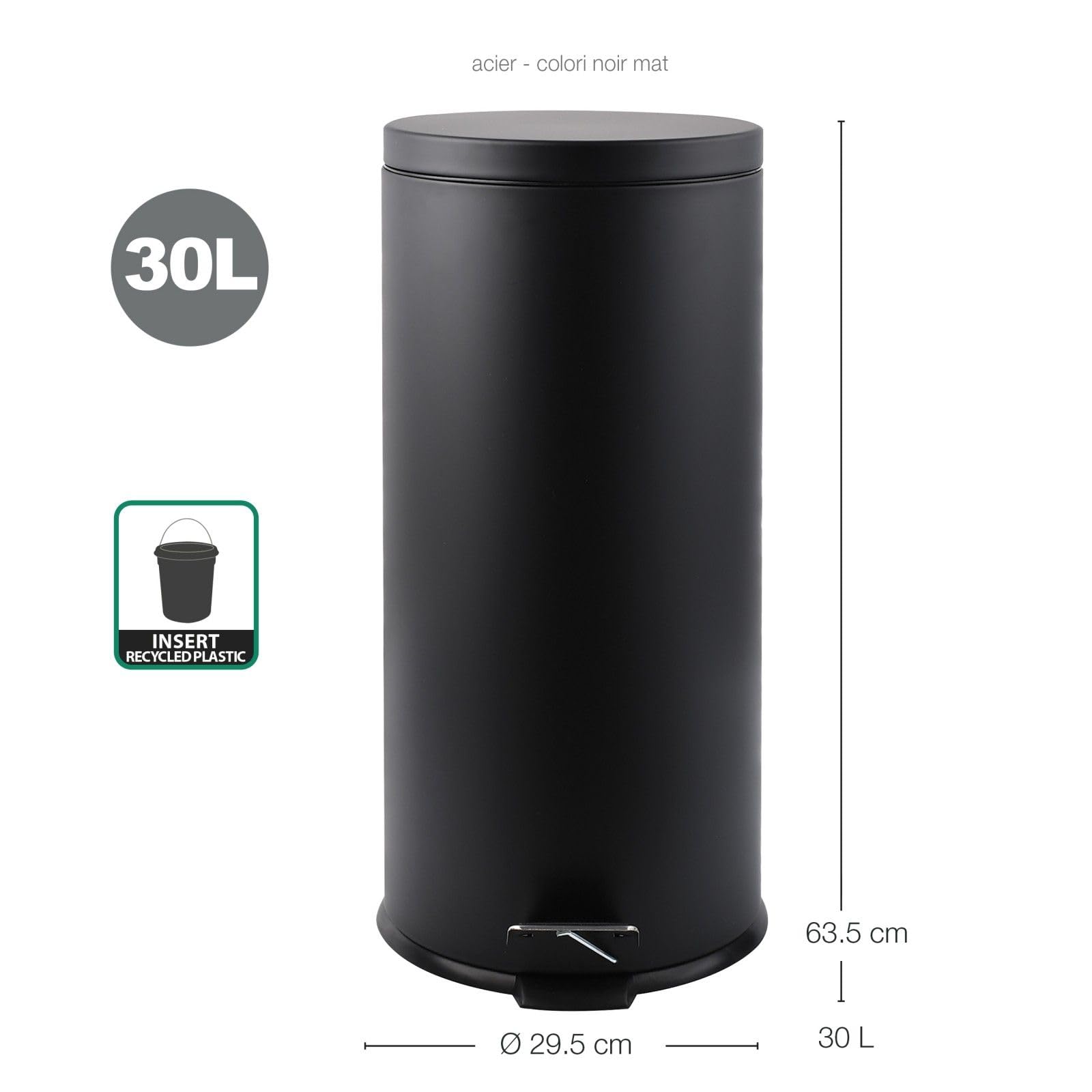 MSV - Papelera de baño - Acero inoxidable con cubo extraíble - Mecanismo de pedal - Compacta y práctica - Negra - 30L - Resistente a la humedad