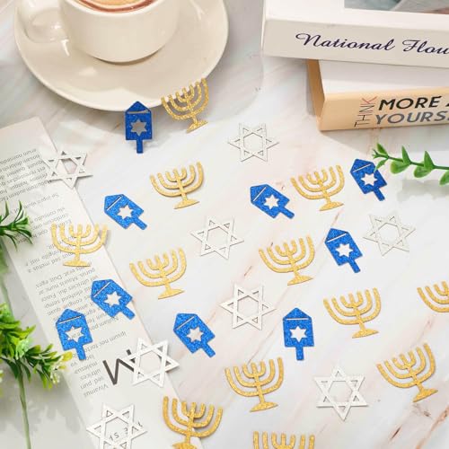 Image of Whaline 300 Pcs Hanukkah Table Confetti Menorah Star Dreidel Shaped Glitter Confetti Blue Gold Silver Table Centerpiece For Chanukah Party Decoration