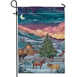 Bandera de jardín de árbol, casa de caballos rurales de invierno, verde de doble cara, banderas decorativas para exteriores, patio, césped, porche, balcón, 12 x 18 pulgadas
