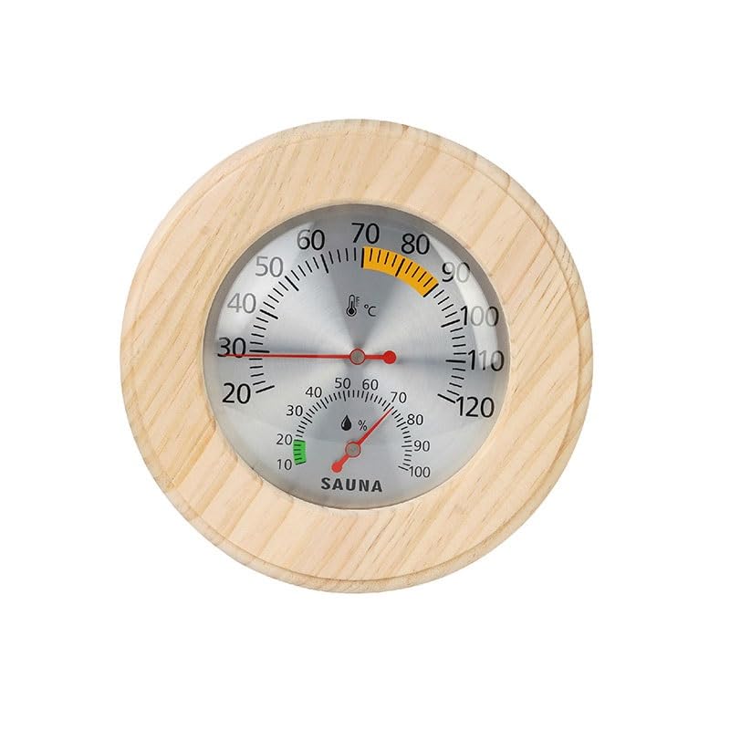 Round Indoor Temperature Humidity Meter with Wooden Outer Frame for Home Bathrooms