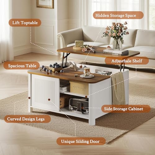 Image of Decofy Lift Top Coffee Table with Storage, Square Coffee Table with Large Hidden Storage & Adjustable Shelves, Farmhouse Center Table with Sliding Door for Living Room, Home Office, White