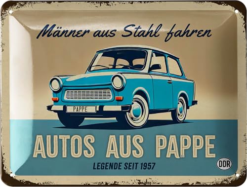 LANOLU Blechschild TRABANT, DDR Geschenke für Männer, Trabi Geschenke, Ossi DDR Produkte Haushalt passend für DDR Geschenkbox 15x20 cm