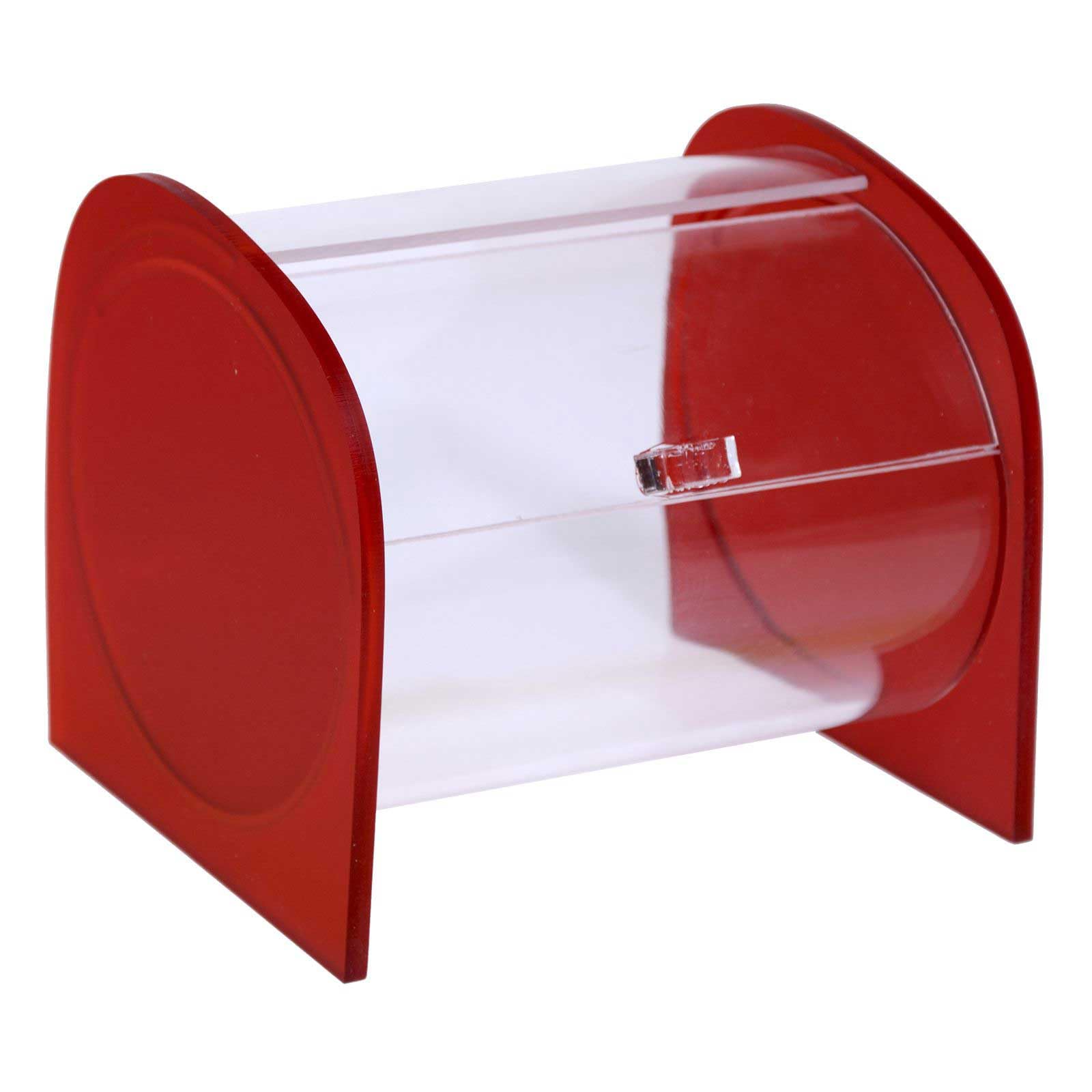 Portacaramelle confezionate sezione circolare in plexiglass trasparente e con pannelli laterali in plexiglass satinato ROSSO - Misure totali: L 15 x P 14 x H 14 cm