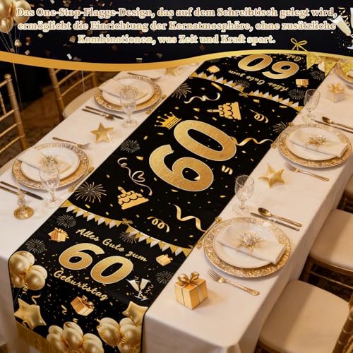Tischläufer 60 Geburtstag Schwarz Gold,Alles Gute zum 60 Geburtstag Tischläufer,Deko Tischdecke Jahrestag,Tisch Deko für Geburtstagparty Dekoration,180 x 35 cm