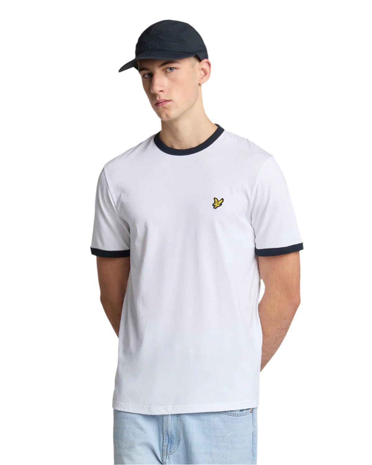 Lyle and Scott   Ringer Cotton Crew Neck T-Shirt In White/ Dark Navy, Men's Size Large