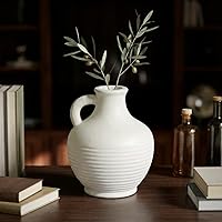 Vista 56 de Sunddo Florero rústico de cerámica con 2 asas, florero de granja texturizado, jarrones decorativos modernos blancos, sala de estar, estante, repisa
