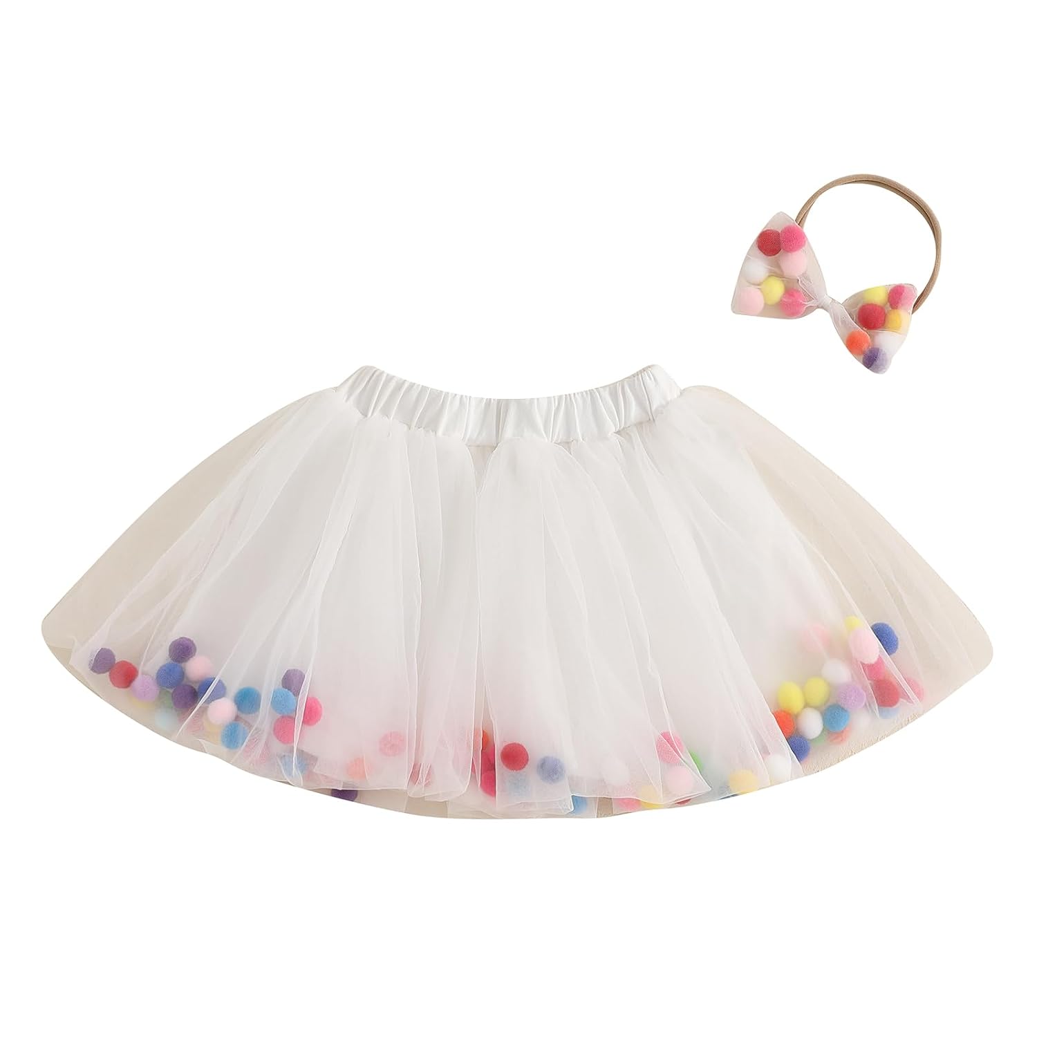 Toddler Girl Tutu Skirt Colorful Floating Pom Poms Tulle Skirts Headband Birthday Tutu Outfit Princess Ballet Dress