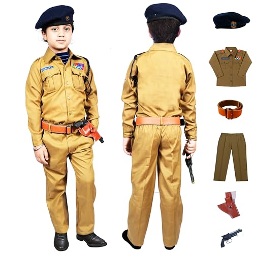 Image of Sarvda Cotton Kids IPS Police Uniform Costume Set,Officer Khaki Shirt,Pants,Cap,Belt & Holster,Community?Helper Fancy Dress For Boys & Girls,Ideal For School Plays,Independence Day,Republic Day