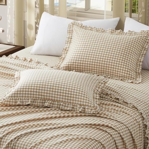 KKJIAF 2 Pcs Plaid Ruffle Pillow Case King Size, Ruffled Gingham Cotton Pillowcases 20x36 Inch, Linen Feel Plaid Bed Pillow Shams with Envelope Closure for Sofa Bed (Taupe)