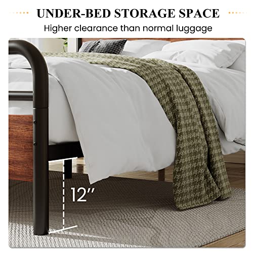 Sha Cerlin Full Size Metal Bed Frame With Round Wooden Headboard And Footboard, Heavy Duty Platform Bed Frame With Under Bed Storage, Strong Metal Slat Support, No Box Spring Needed, Modern, Walnut #TOP4