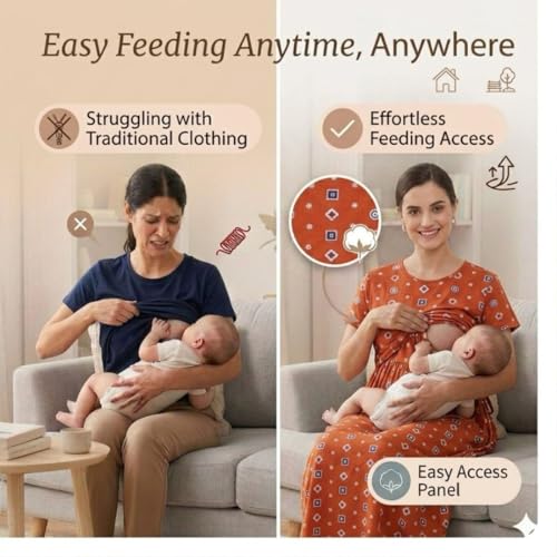 Image of Zero Clothing Feeding Dress for New Moms Casual Loungewear Ankle Length | Cotton Maternity Nighty | Zipless Feeding Dresses for Women | Pregnancy & Nursing Wear
