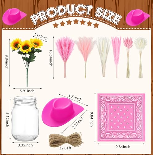 Image of Wonderjune 135 Pcs Western Cowboy Table Centerpieces Cowgirl Rodeo Party Decor with Mason Jar Bandannas Mini Hat Sunflowers Pampas for Cowboy Cowgirl Baby Shower Birthday Wedding Party Decor(Pink)