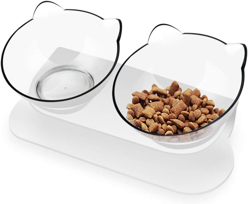 Elevated Double Cat Bowls with Raised Stand 15 Degree Tilted Design Neck Guard Raised Pet Food Water Feeder Bowl with Anti Slip Feet for…