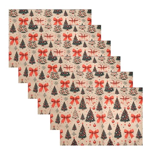 Image of Dining Table Mats Set of 6 - Christmas Tree Red Bow Theme,Digital Print, Washable, Indoor /Outdoor, Heat-Proof, Wipe & Clean (47X33 cm) Olive & Green