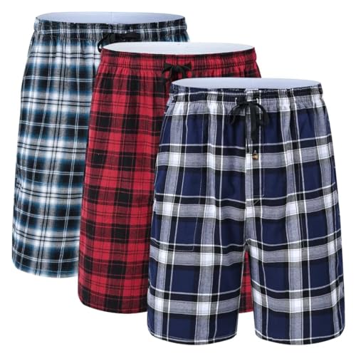 yuyangdpb Men's 3-Pack Woven Pajama Short Cotton Plaid Sleepwear Shorts Button Open Fly with Pockets, 3p03, Large