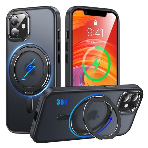 iPhone 12 / 12 Pro 用 ケース Magsafe対応 360°回転スタンド アイフォン12 / 12プロ 携帯ケース リング マグネット ワイヤレス充電 縦横多角度 対応 カバー Uovon アイホン12 / 12プロ スマホケース 車載ホルダー ストラップ穴付き マット 半透明 指紋防止 黄变防止 金属ボタン 米軍MIL規格 ・ ブラック