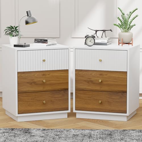Image of 23.6 inch Set of 2 Tall Night Stand with 3 Storage Drawers, Fluted Nightstand with Metal Handles, Modern End Table Bedside Table Chest for Bedroom, White and Natural