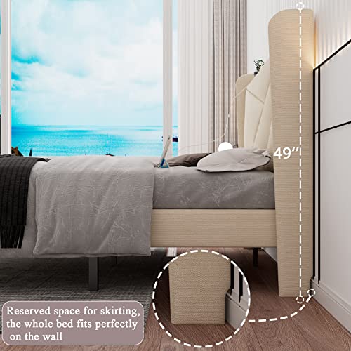 Ipormis Full Size Upholstered Platform Bed Frame With Type C & Usb Ports And Storage Headboard, Geometric Bed Frame With Wingback, Wood Slats, Noise-Free, No Box Spring Needed, Beige #TOP5
