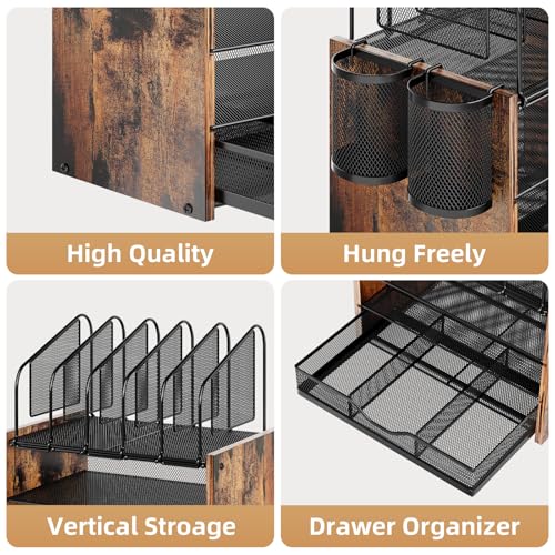 Image of Marbrasse Desk organizer with Drawer, 4-Tier Wooden File Organizer with 5 Vertical File Holders and 2 Pen Holders, Desk Organizers and Accessories for Home Office - Dark Brown