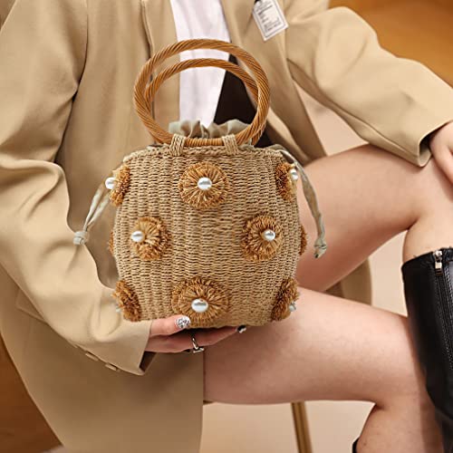 Nibd Flower Pearls Rattan Tote Bag Summer Beach Drawstring Straw Bucket Bag Diamonds Woven Handbag (A Flower) #TOP7