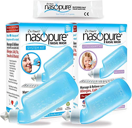 Nasopure Nasal Wash, Combo System & Little Squirt Kits, The Nicer Neti Pot Sinus Wash Kit, Comfortable, 8 Oz & 4 Oz Bottles & 40 Salt Packets (3.75G Each), Congestion, Cold, Allergy, Nasal Irrigation