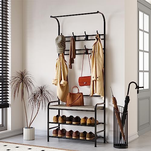 Amyove Coat Rack Shoe Bench, 3-in-1 Hall Tree Shoe Rack for Entryway, Coat Tree with 3-Tier Storage Shelf and 8 Hooks, Industrial Furniture with Steel Frame, Multifunctional Hallway Organizer, Grey