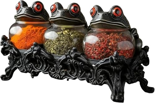 ANBTUKJ Juego de 3 tarros de especias con base, frascos de especias Witchy Frog Apothecary Spices Jars, 2026, nuevos vasos vintage con tapa de rana, tarros de especias, para sal, pimienta y hierbas