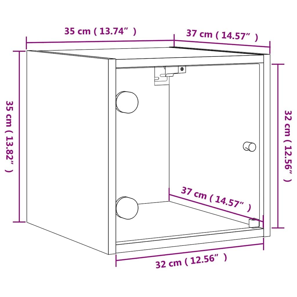 Comodino da parete con ante in vetro, 2 pezzi, marrone effetto rovere, 35 x 37 x 35 cm, in legno, vetro, vano portaoggetti, camera da letto, comodino, portaoggetti da appendere
