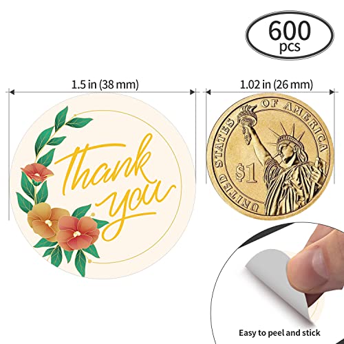 1.5 Inch Thank You Stickers, 600Pcs Floral Thank You Stickers, Self-Adhesive Labels For Baking Packaging, Envelope Sealing, Small Business, Birthday, Party Gift Wrap Bags(Gold，1.5Inch) #TOP1
