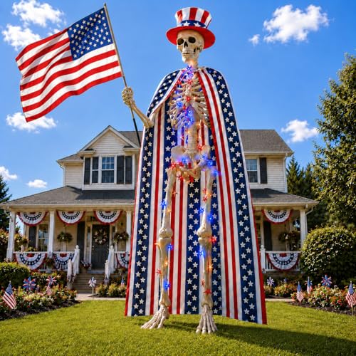 4th of July Outfit for 12ft Skeleton Patriotic Giant Skeleton Costume Set with USA Flag Cape Hat & LED Light String 250th Anniversary Independence Day Outdoor Lawn Decor Skeletons Not Included