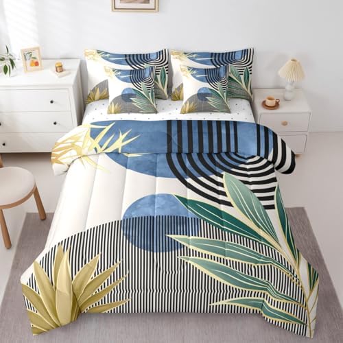 Erosebridal Mid Century Modern Bedding Sets Queen Modern Boho 7 Piece Comforter Set,Abstract Minimalist Art Bed in a Bag Arch Curve Leaves Aesthetic Sheet Set with Comforter,Blue Green